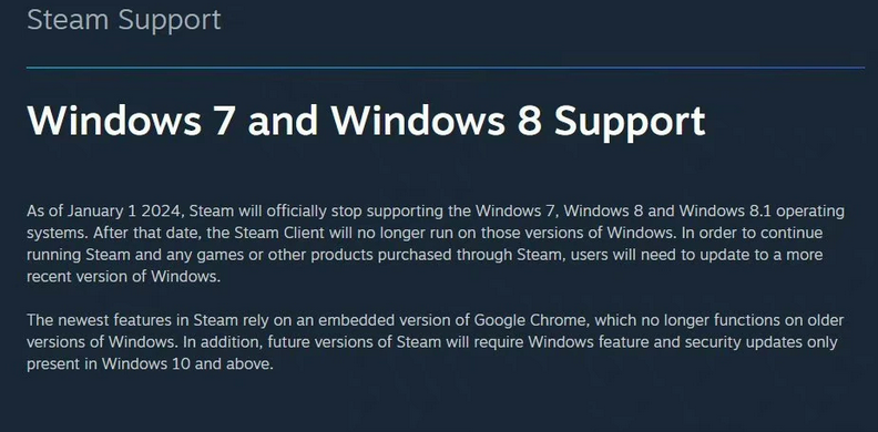 Steam官方宣布客户端将不再支持微软Win7/8/8.1系统，从明年开始